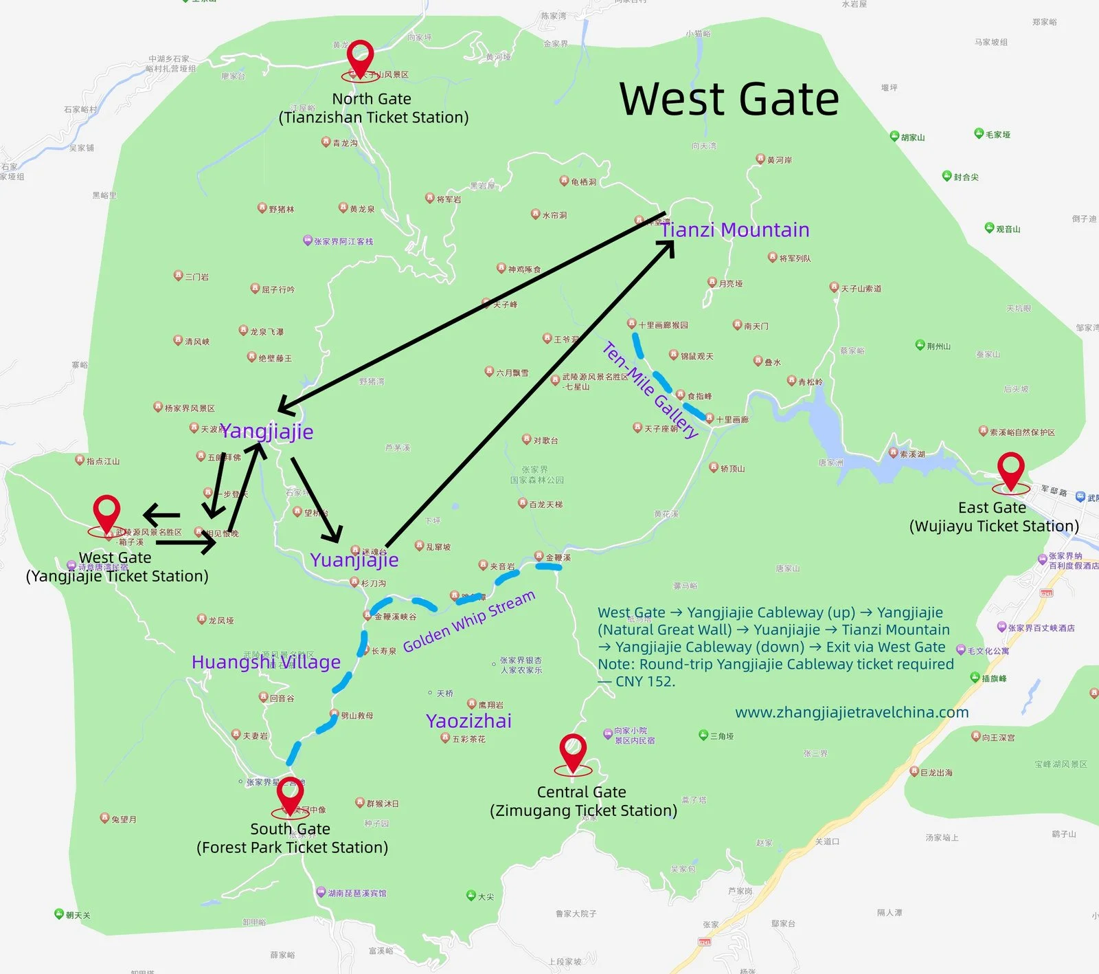 One-day route from the West Gate at Zhangjiajie National Forest Park