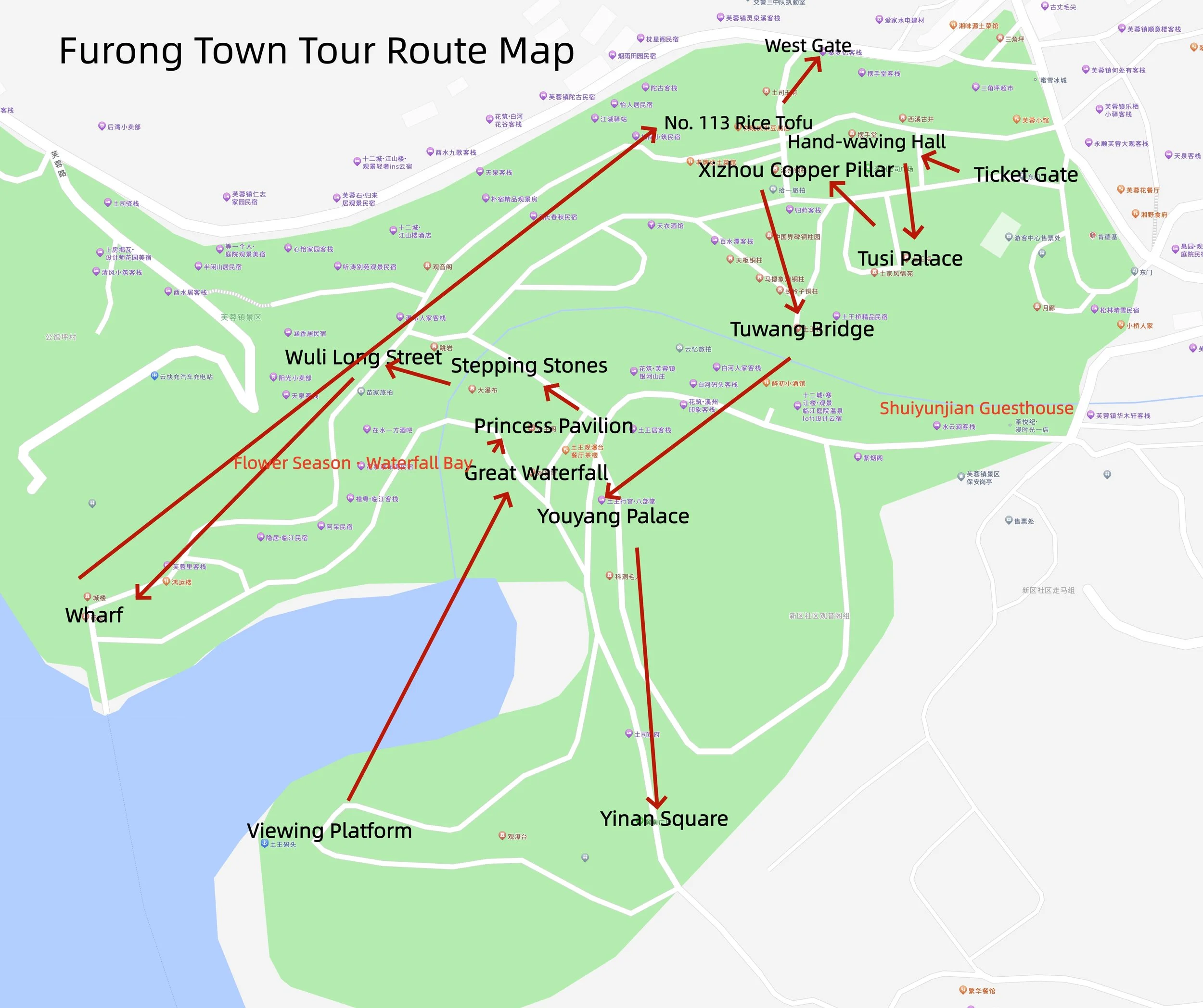 Furong Town walking route map — one-day itinerary from the Ticket Gate via Tusi Palace, Xizhou Copper Pillar, the Great Waterfall, Stepping Stones and Wuli Long Street to the West Gate