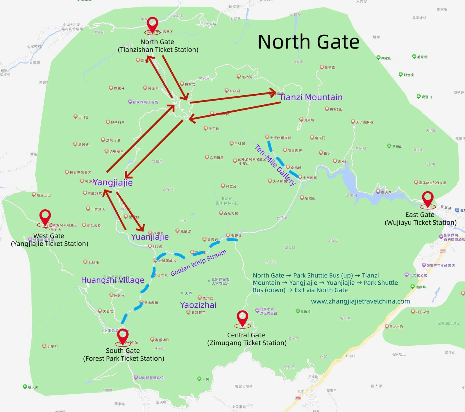 One-day route from the North Gate at Zhangjiajie National Forest Park