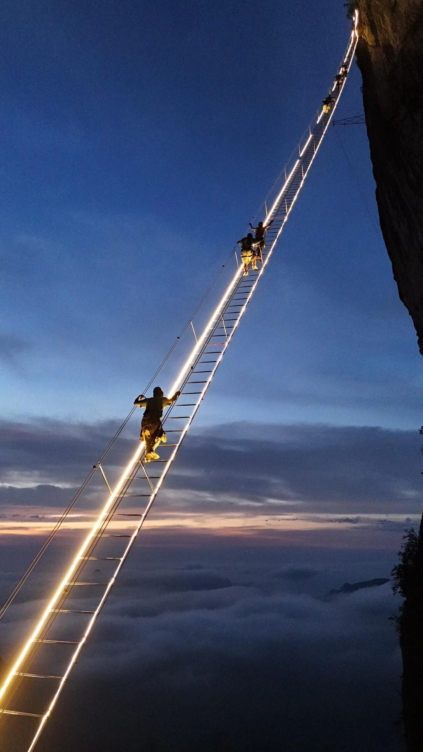 The 168-meter Sky Ladder via ferrata on Qixing Mountain Zhangjiajie illuminated at night, climbers silhouetted against the glowing rungs in a blue dusk sky