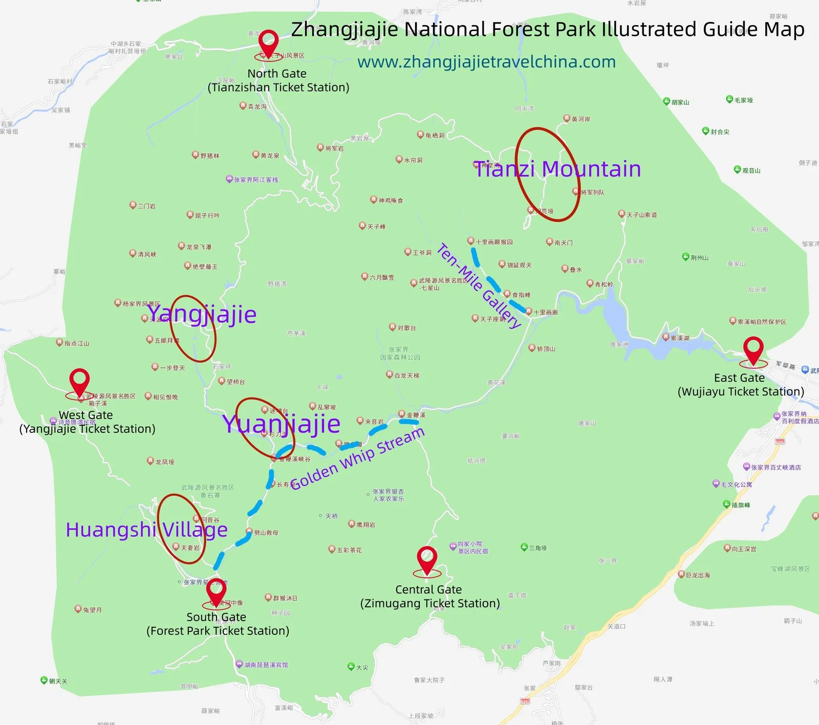 Map of Zhangjiajie National Forest Park showing the five ticket gates