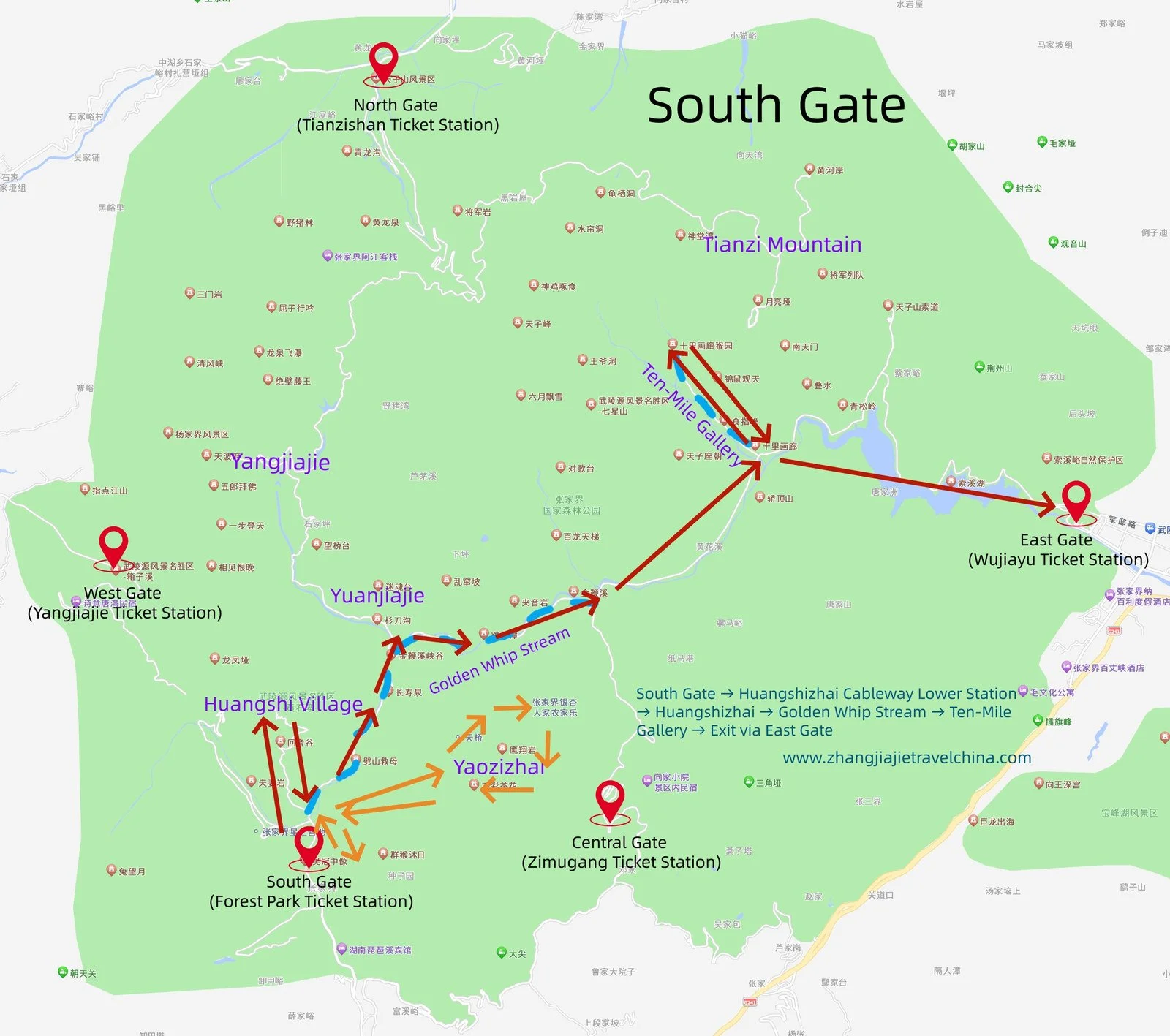 One-day route from the South Gate at Zhangjiajie National Forest Park