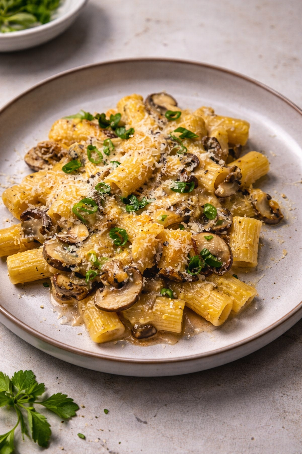 Pasta in a creamy mushroom sauce garnished with chopped green onions and grated cheese on a white plate.