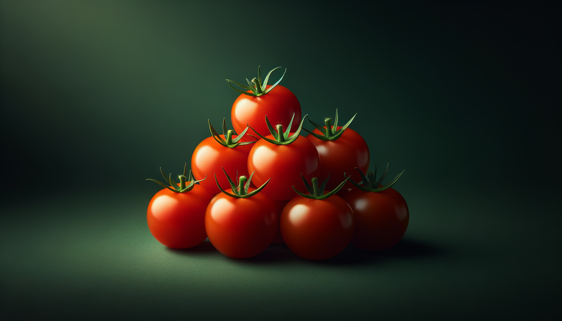 A pyramid of ripe red cherry tomatoes with green stems on a green background.