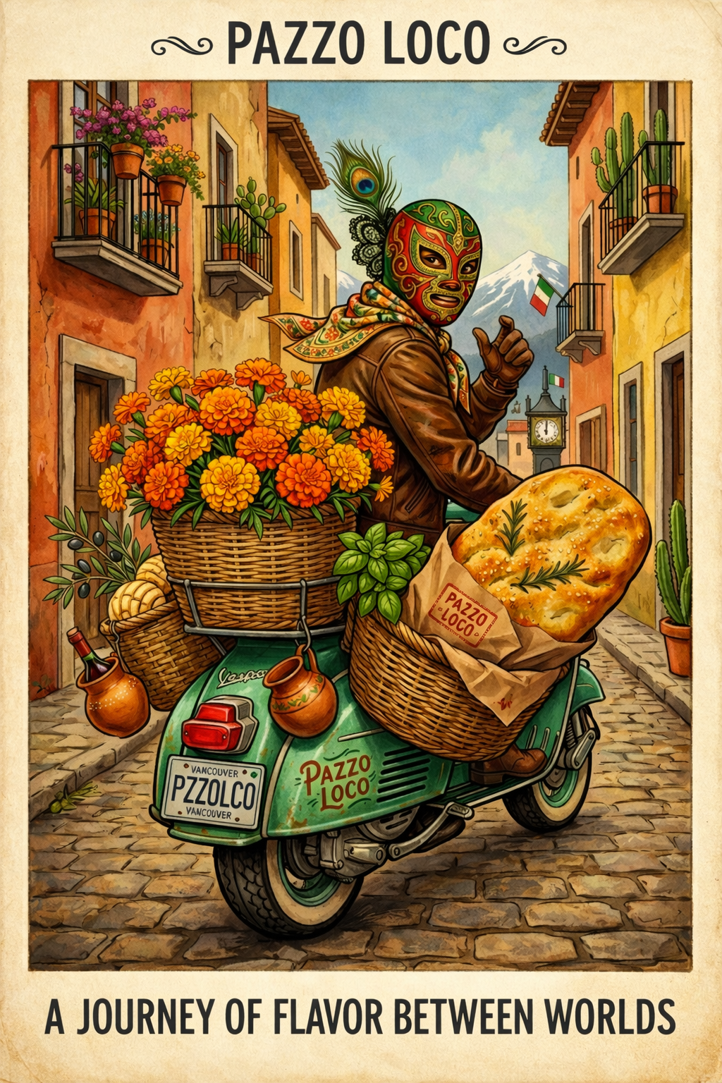 A person wearing a colorful Mexican lucha libre mask and a leather jacket, sitting on a green scooter decorated with baskets of flowers, bread, and pottery. The background features a street with buildings, potted plants, and mountains with snow. The poster reads 'Pazzo Loco' at the top and bottom and has the tagline 'A journey of flavor between worlds'.