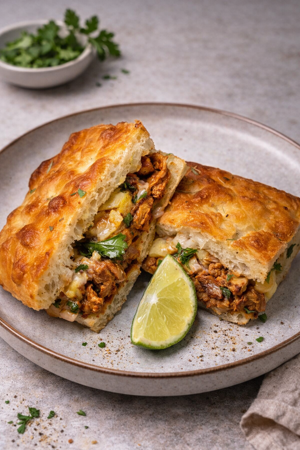 A plate of two large slices of stuffed bread with meat, vegetables, and cheese, garnished with a lime wedge and chopped herbs, served on a gray plate with a bowl of cilantro in the background.