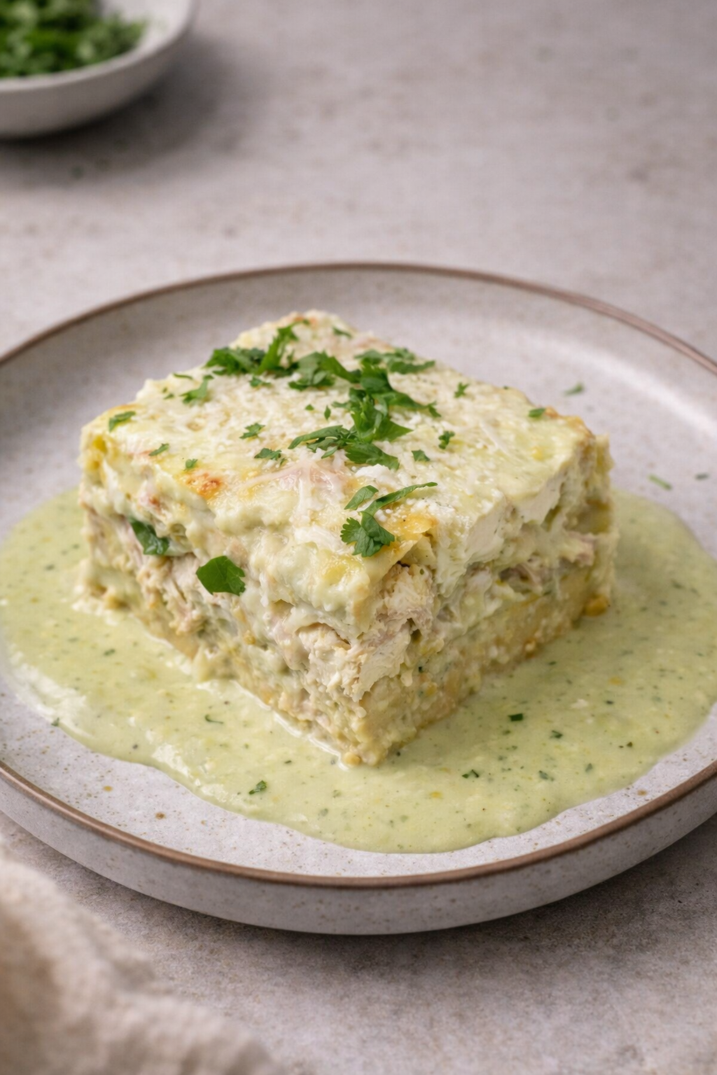 A serving of lasagna topped with chopped cilantro on a white plate with green sauce around it.