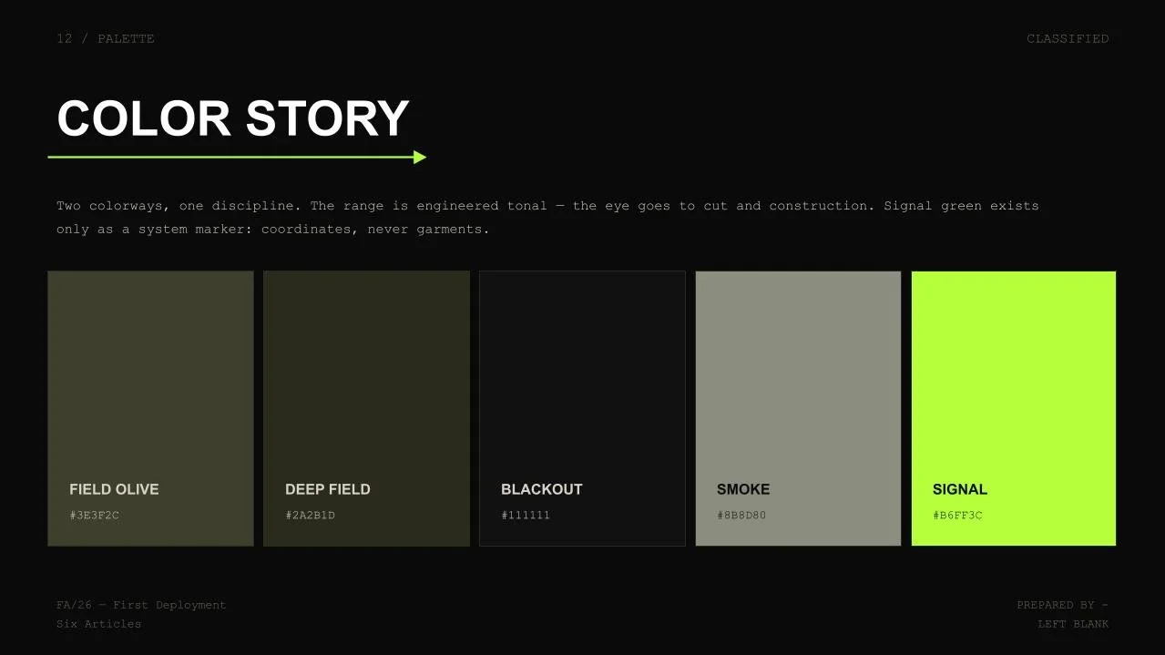 A color palette chart showing six color swatches with names and hex codes: Field Olive, Deep Field, Blackout, Smoke, Signal, and an unnamed sixth color. The background is black with white and green text.