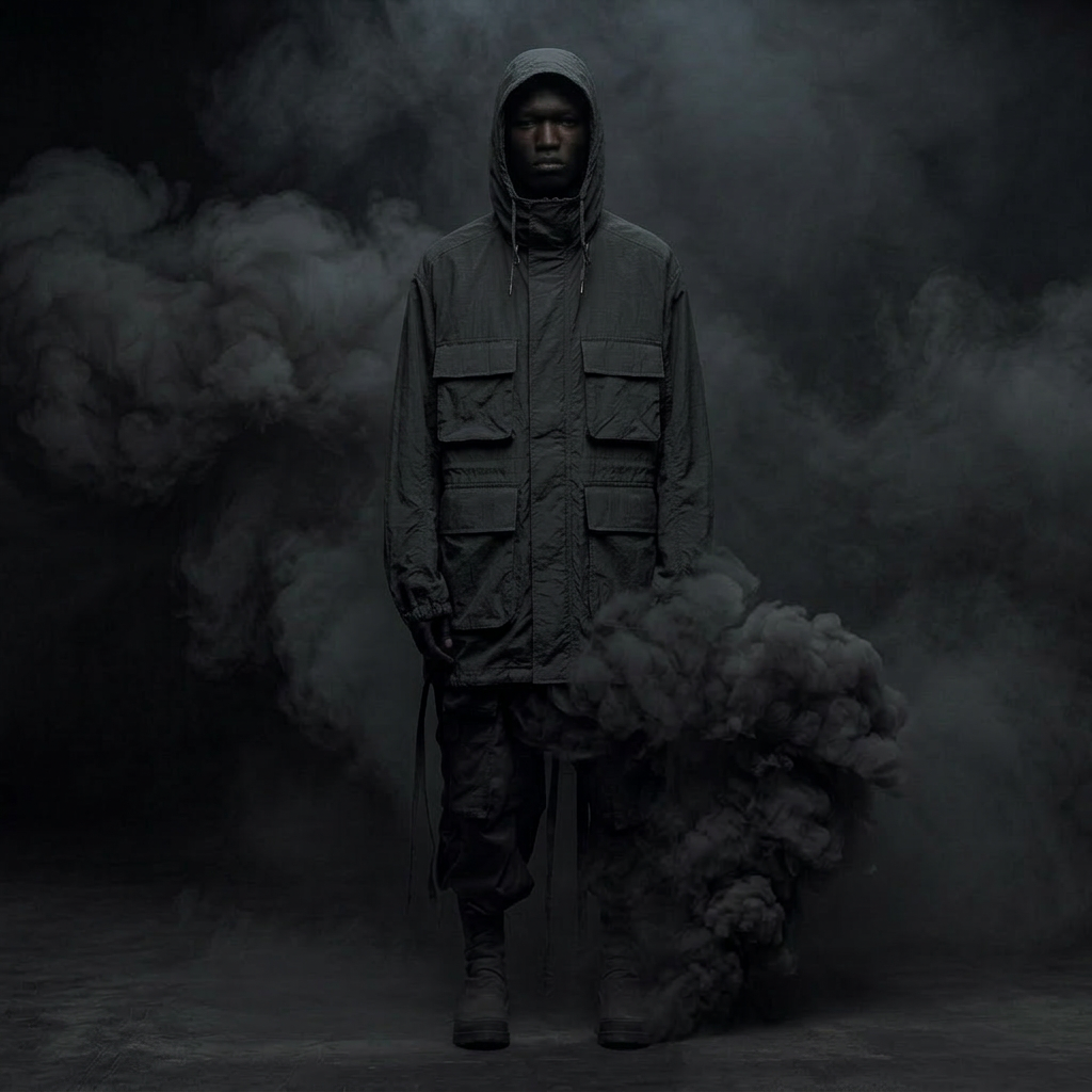 A person dressed in dark tactical clothing standing amidst thick black smoke, with a serious expression and a hood covering their head.
