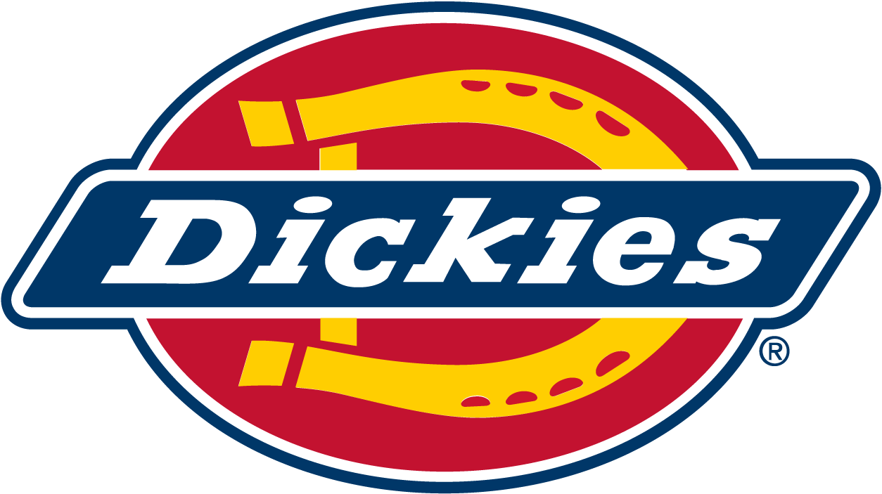Dickies logo with red, yellow, and blue colors, featuring the brand name in white text.