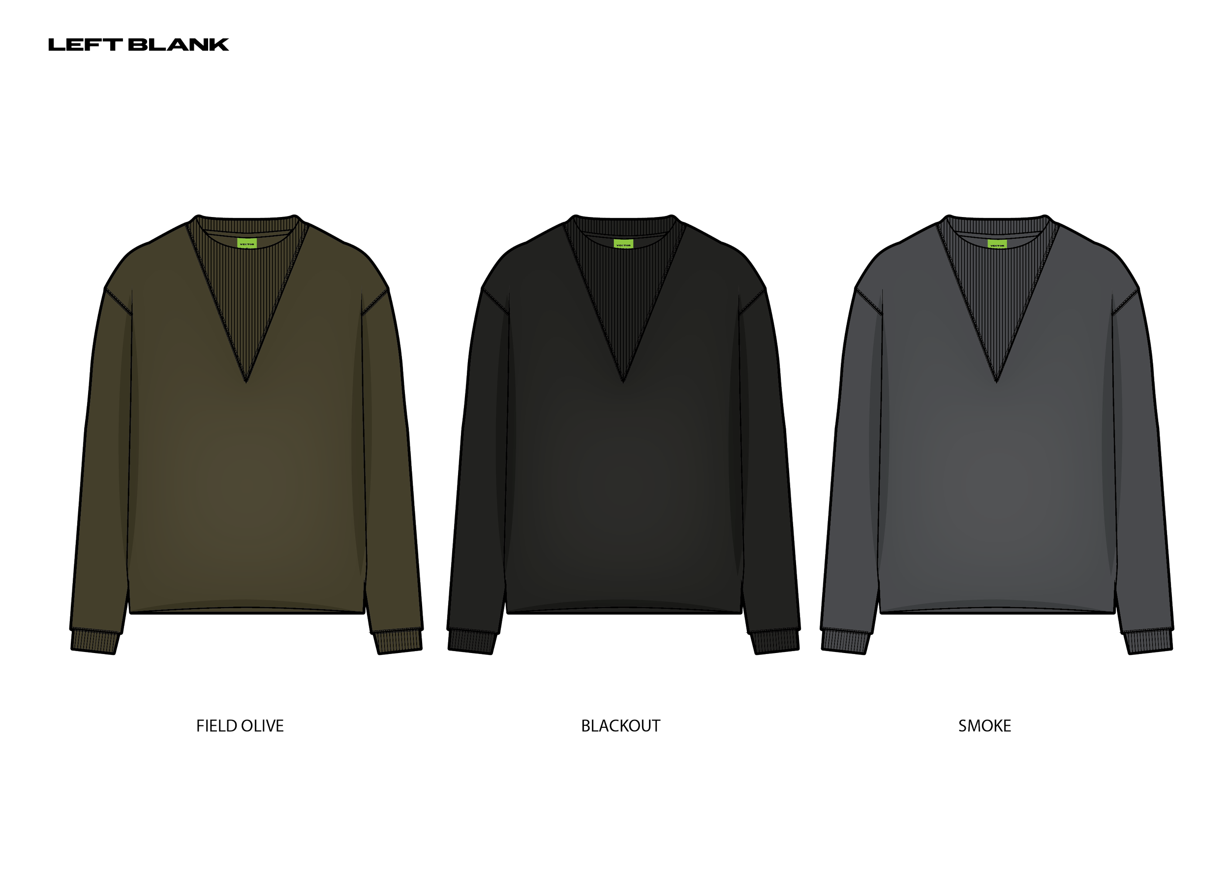 Digital clothing design showing three sweaters in Olive, Black, and Smoke color options.