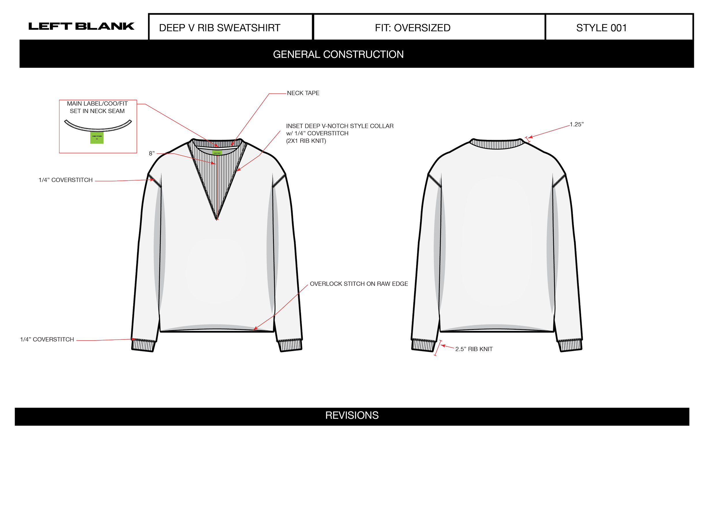 Technical drawing of a sweatshirt labeled as 'Deep V Rib Sweatshirt,' showing front and back views with measurements and details.