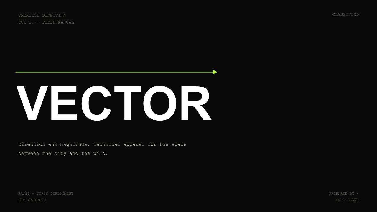 A dark-themed technical manual cover titled 'VECTOR' with an arrow graphic and some smaller text, including 'Creative Direction,' 'Vol 1. - Field Manual,' and other technical details.