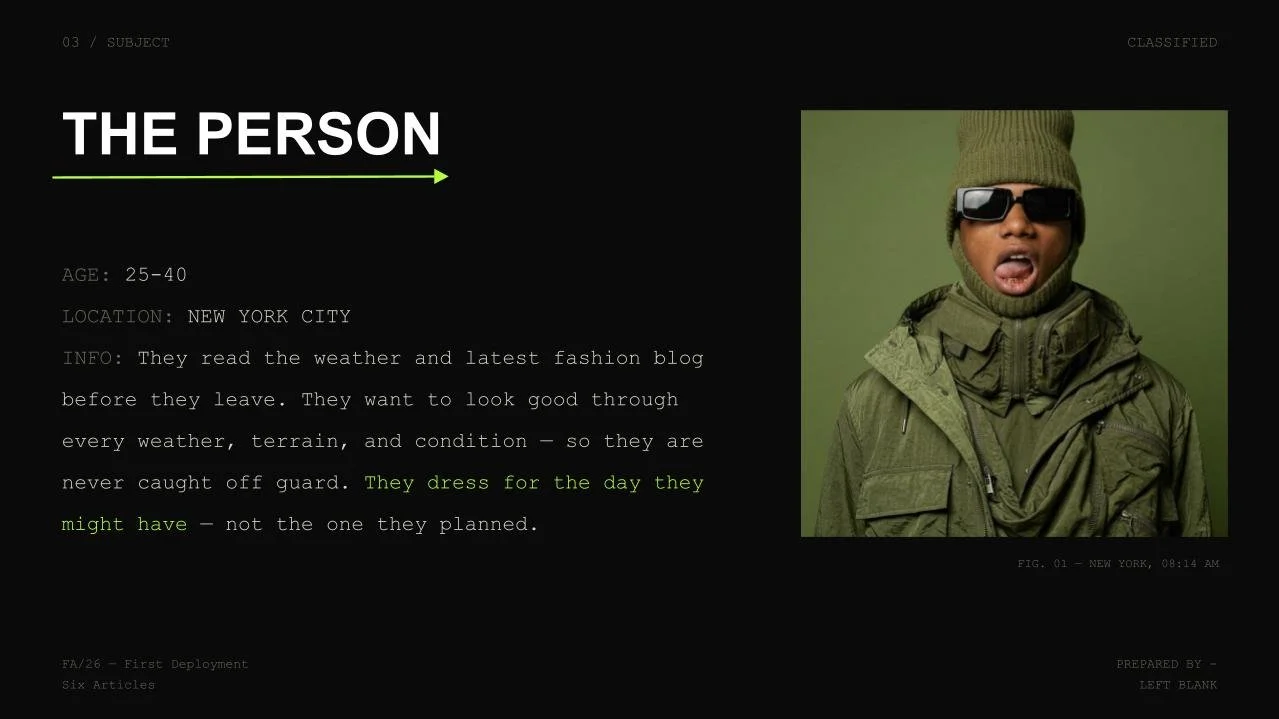 A webpage titled 'The Person' with information including age 25-40, based in New York City, who reads the weather and fashion blogs, and dresses for the day they might have. The right side features a young person wearing sunglasses, a green beanie, a