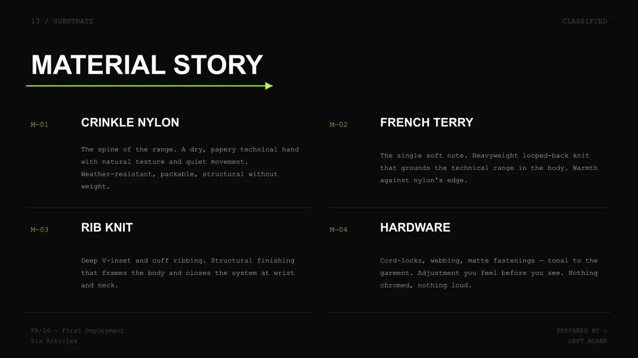 A dark-themed informational page titled 'Material Story' with four sections describing fabric materials and hardware. Sections include 'Crinkle Nylon,' 'French Terry,' 'Rib Knit,' and 'Hardware,' with descriptions beneath each.