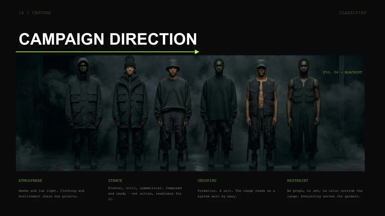 A group of six models dressed in dark, tactical-style clothing standing against a smoky background for a fashion campaign called 'Blackout'.