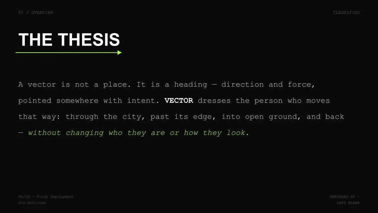 A presentation slide titled 'The Thesis' with black background and white, green, and gray text discussing the concept of a vector as a direction and force. The slide emphasizes that a vector dresses the person who moves through the city without chang