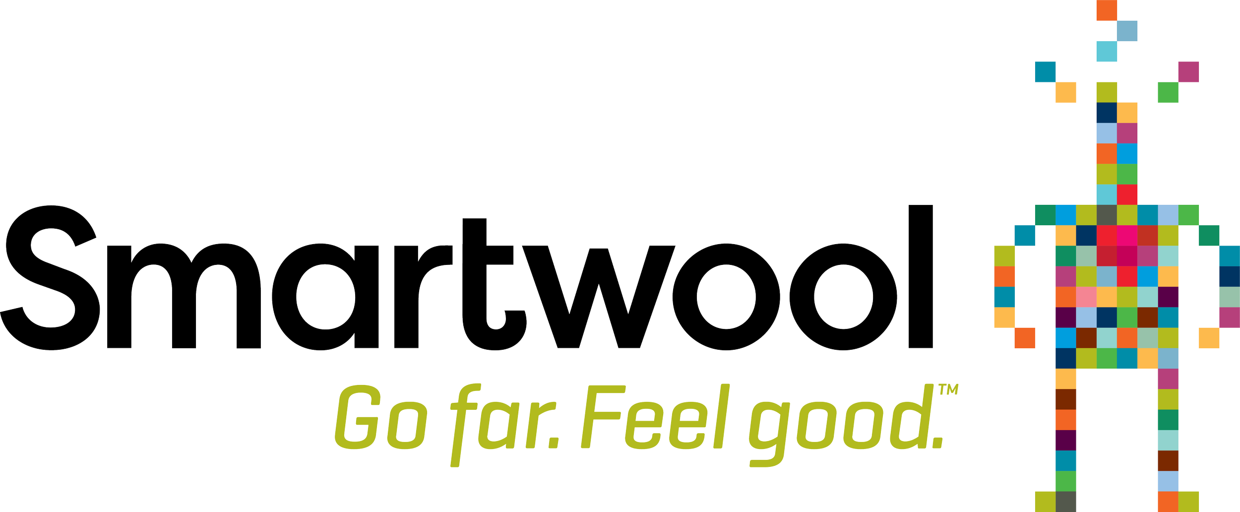 Smartwool logo with slogan "Go far. Feel good." and a colorful, pixelated sheep graphic.