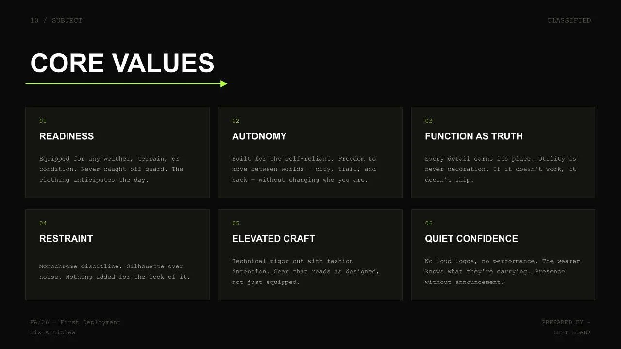 A digital presentation slide titled "Core Values" showing six core values with descriptions, including readiness, autonomy, function as truth, restraint, elevated craft, and quiet confidence, on a black background with green accents.