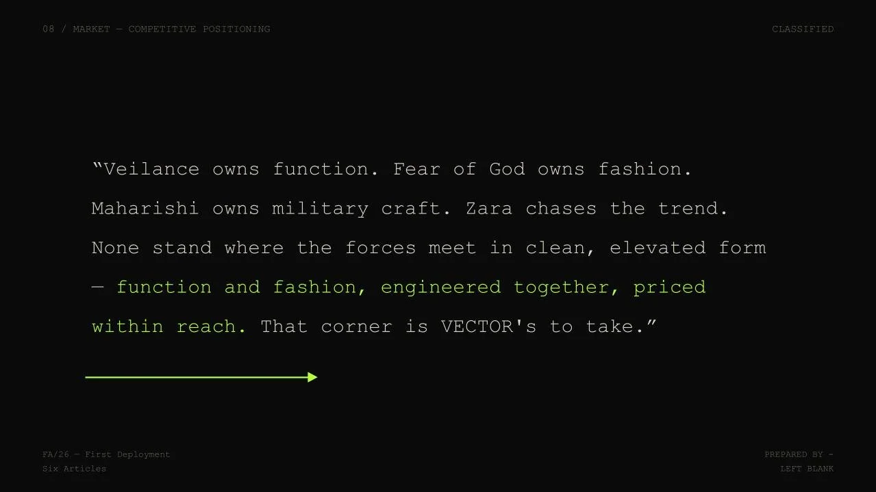 A dark-themed slide with white and green text discussing market positioning and the relationship between function and fashion, with a green arrow pointing to the right.