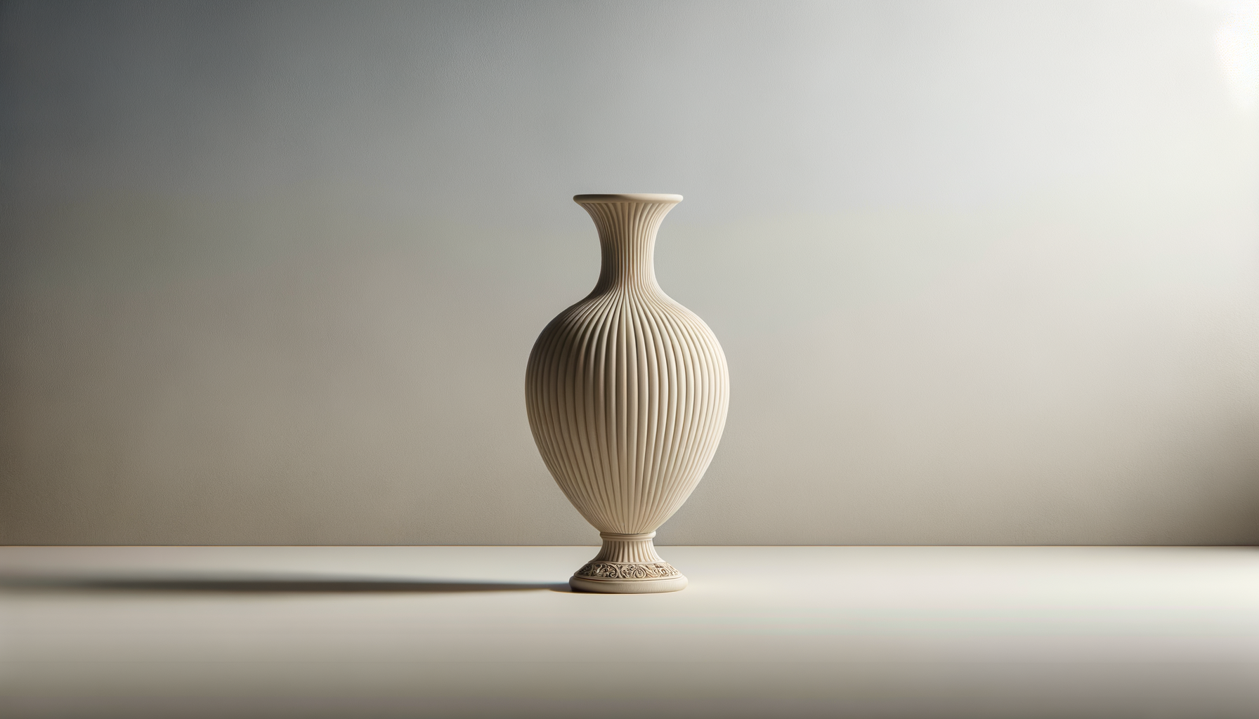 A beige, ribbed ceramic vase on a light surface against a gradient background with light on the right side.
