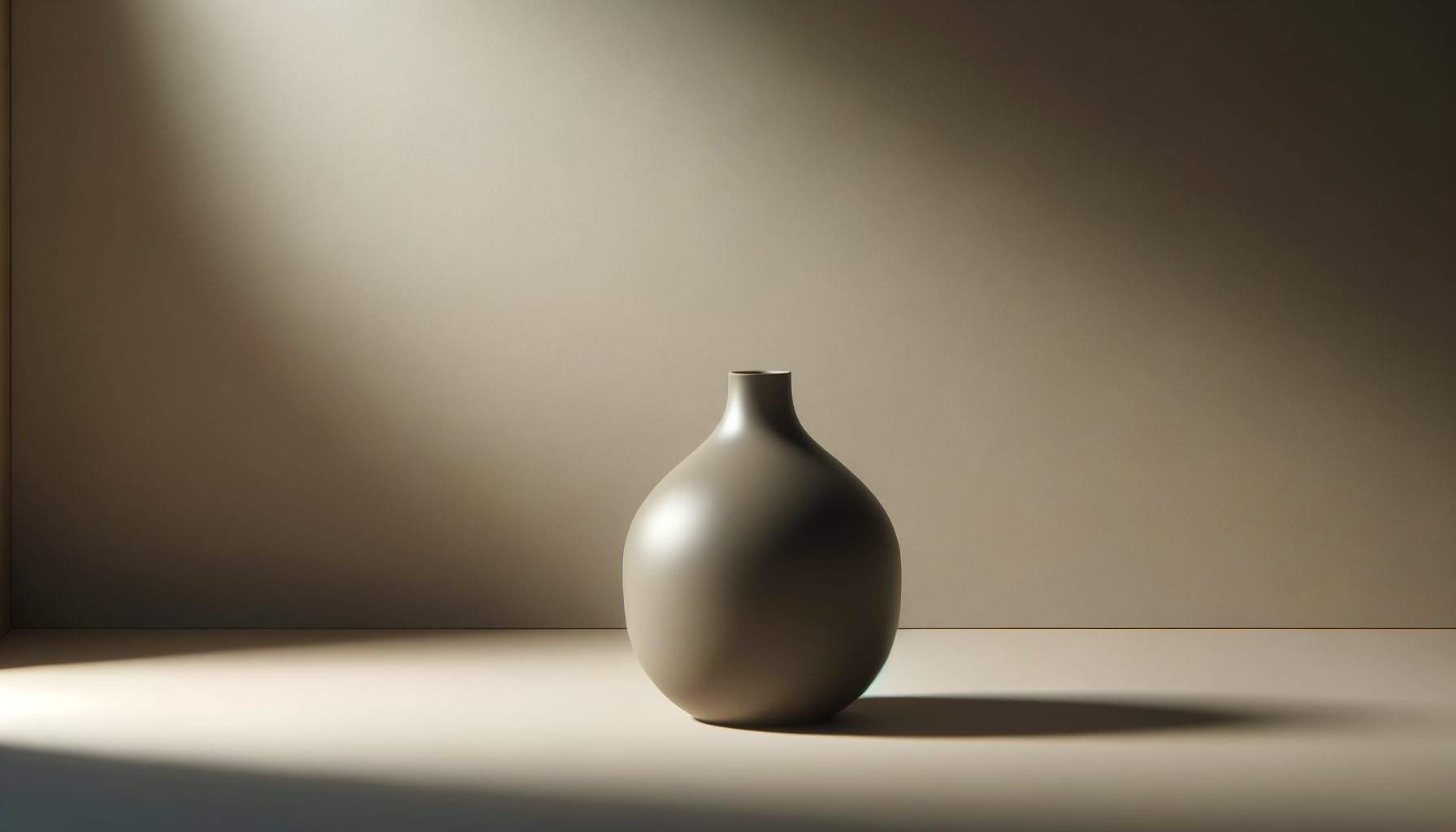 A matte gray ceramic vase positioned on a flat surface with shadow and lighting creating a simple, elegant aesthetic.