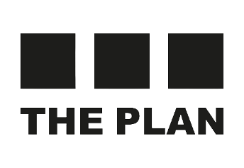 Logo with three black squares above the text 'THE PLAN' in bold black letters.