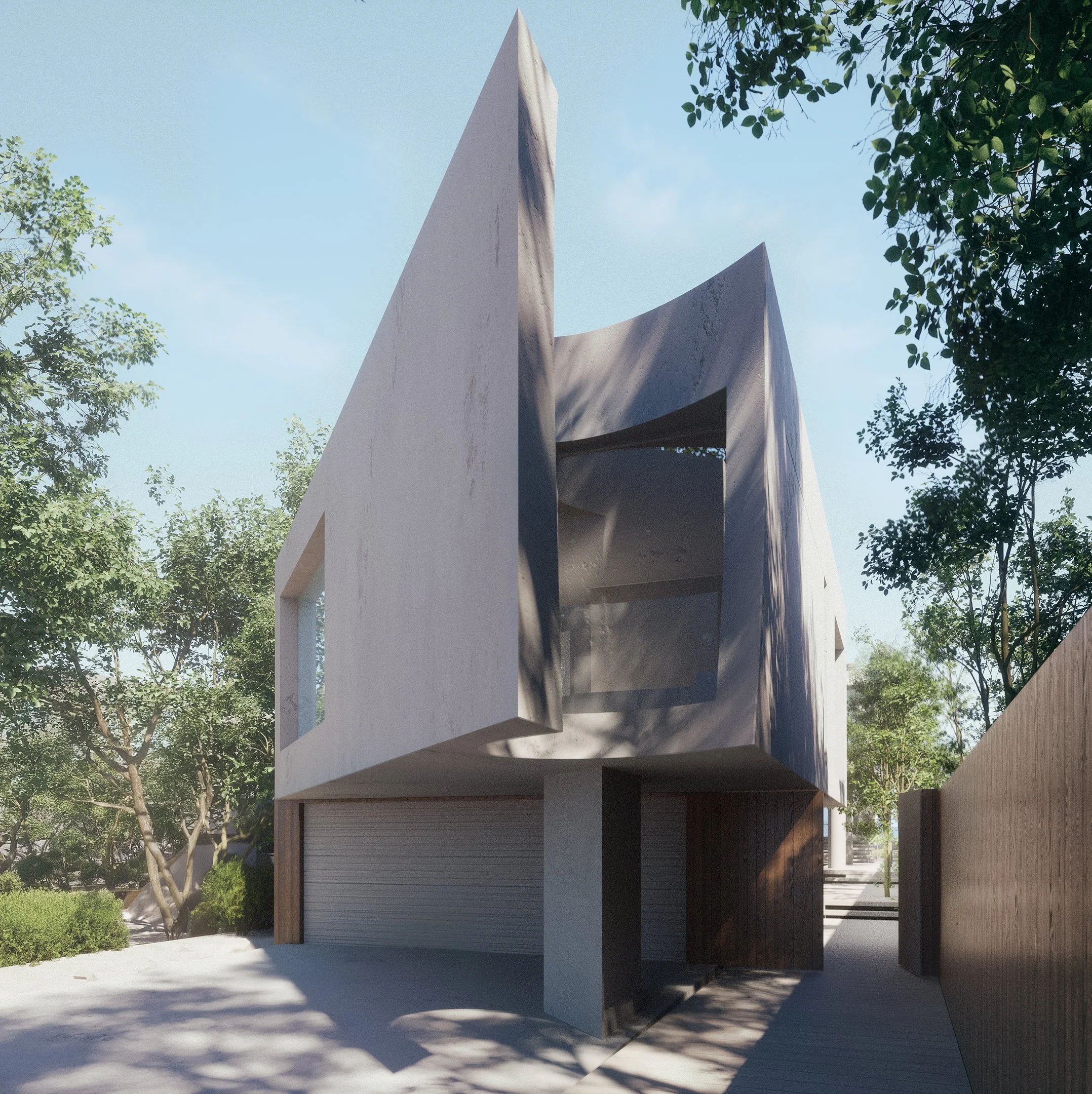 Modern concrete building with sharp architecture, surrounded by trees and blue sky.