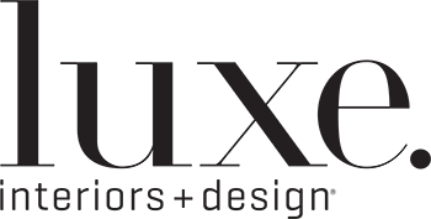 Logo for Luxe Interiors + Design with black background and gray text.