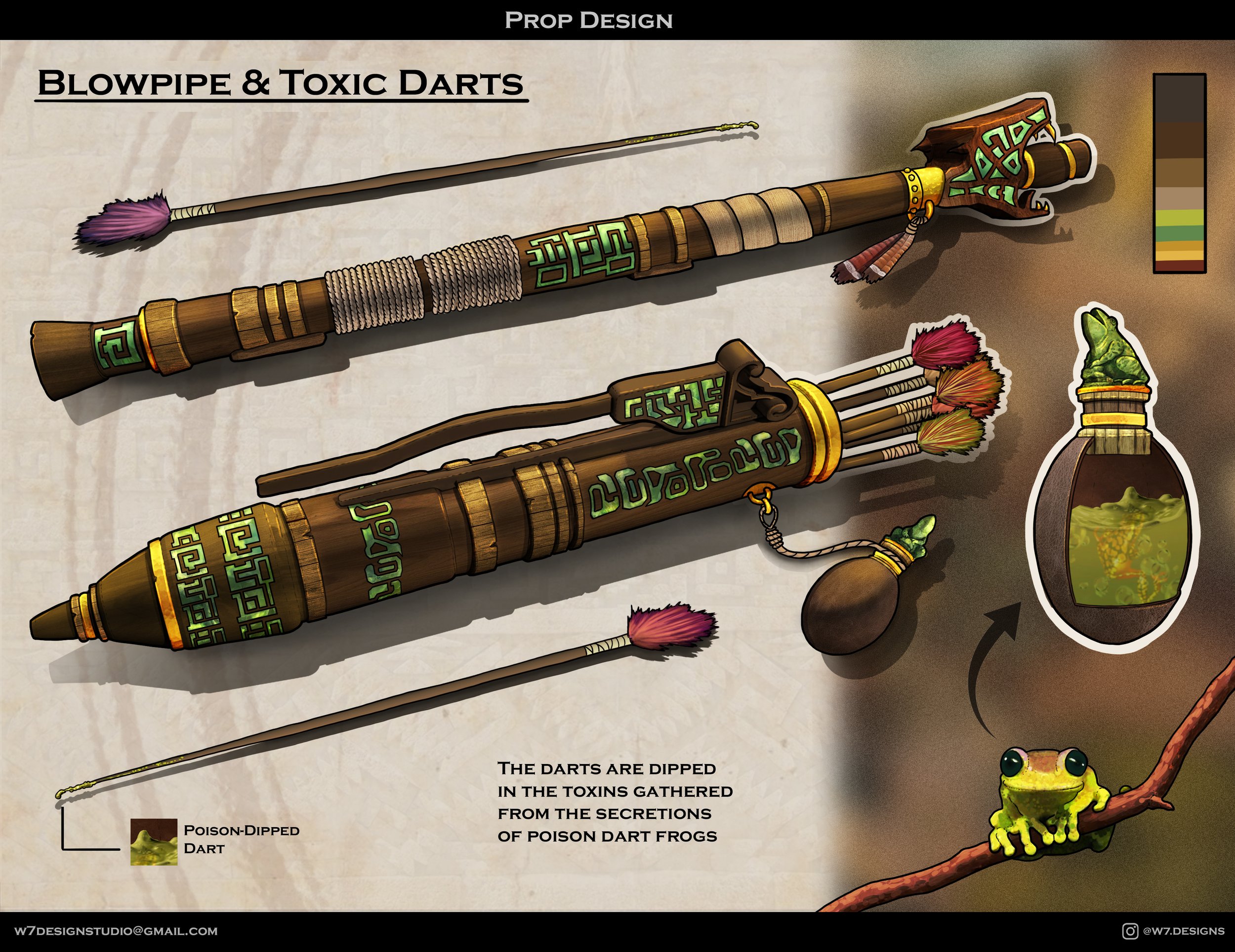 Illustration showcasing two poison dart blowpipes, each with decorative designs and feathers, and a jar filled with green poison darts. A small green poison dart frog to the right and a vial of poison catch the toxins gathered from the frogs' secreti