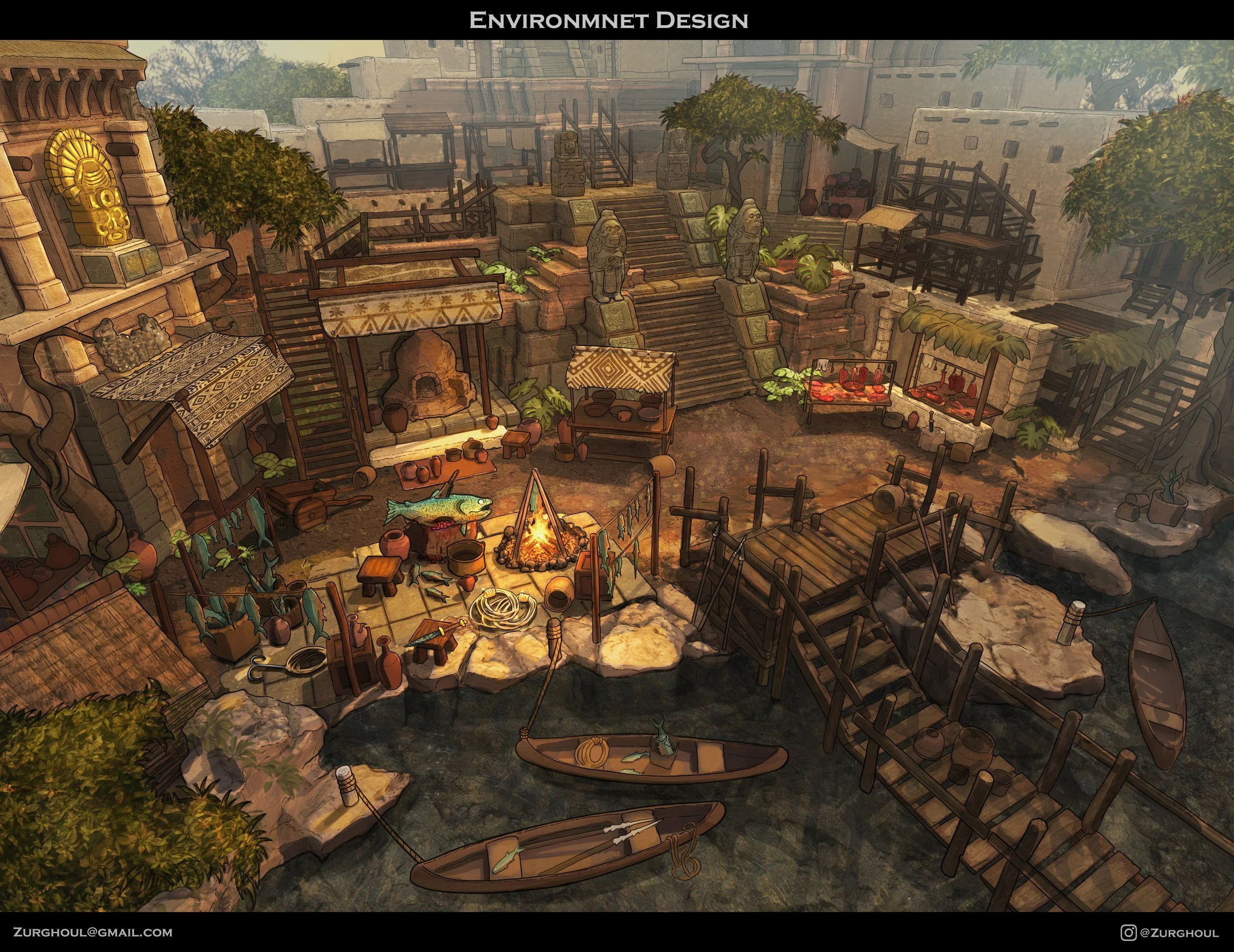 A detailed illustration of an ancient or fantasy-inspired riverside marketplace with stairs leading to an upper level, decorated with statues and greenery. The area features tents, pottery, and hanging fish near a campfire, with small boats docked at