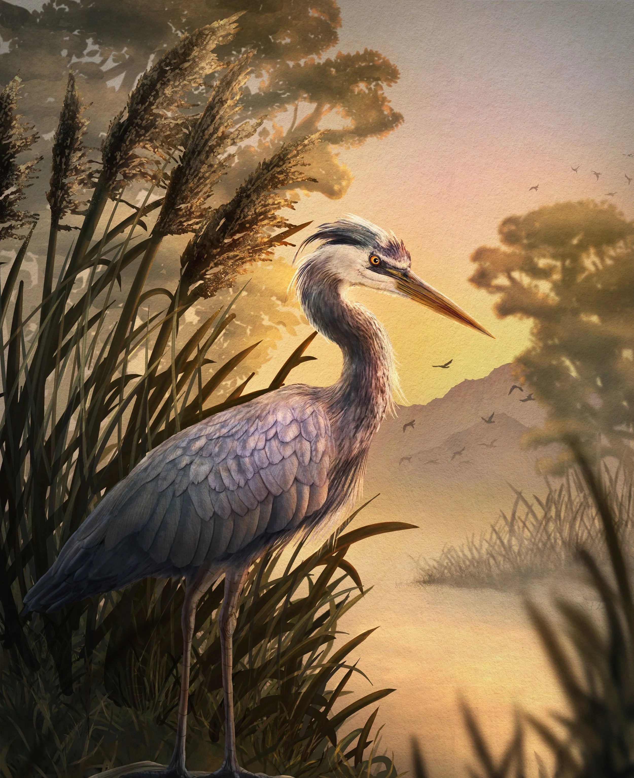 An illustration of a heron standing among tall grass at sunset, with mountains and birds flying in the background.