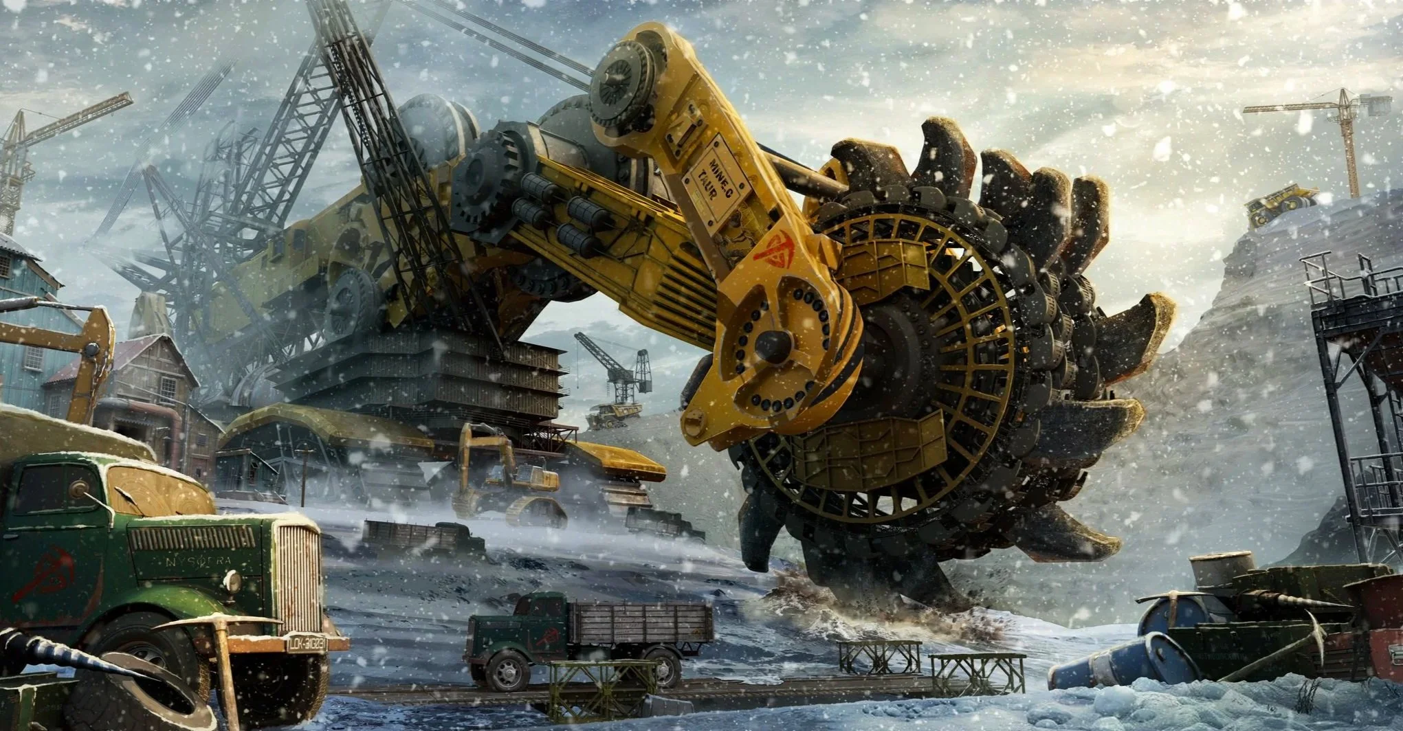 Concept art environment of an enormous bucket-wheel excavator churns through the Siberian landscape with cranes, trucks, and industrial structures.