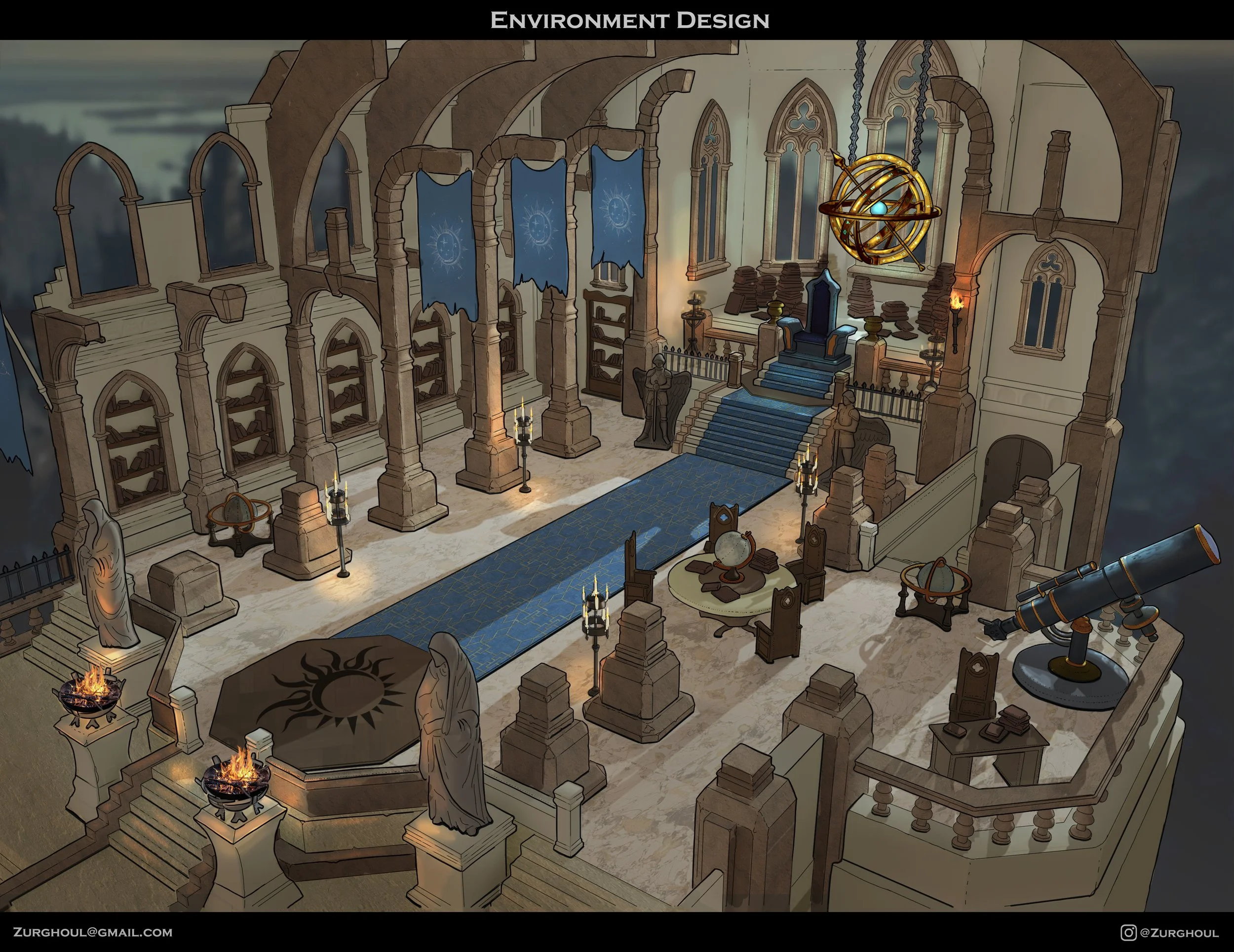 A grand medieval-style library and observatory with stone pillars, bookshelves, a blue carpeted staircase leading to a throne, a telescope, a globe, and large windows. There are chairs, torches, statues, and celestial symbols.