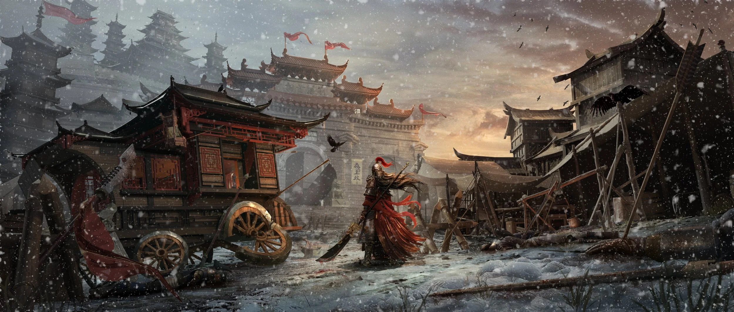 Concept art environment of a Chinese Emperor with long hair and red robes holding a dao stands amongst the dead after a battle, with traditional Chinese buildings, snow falling, and a dramatic sunset sky.