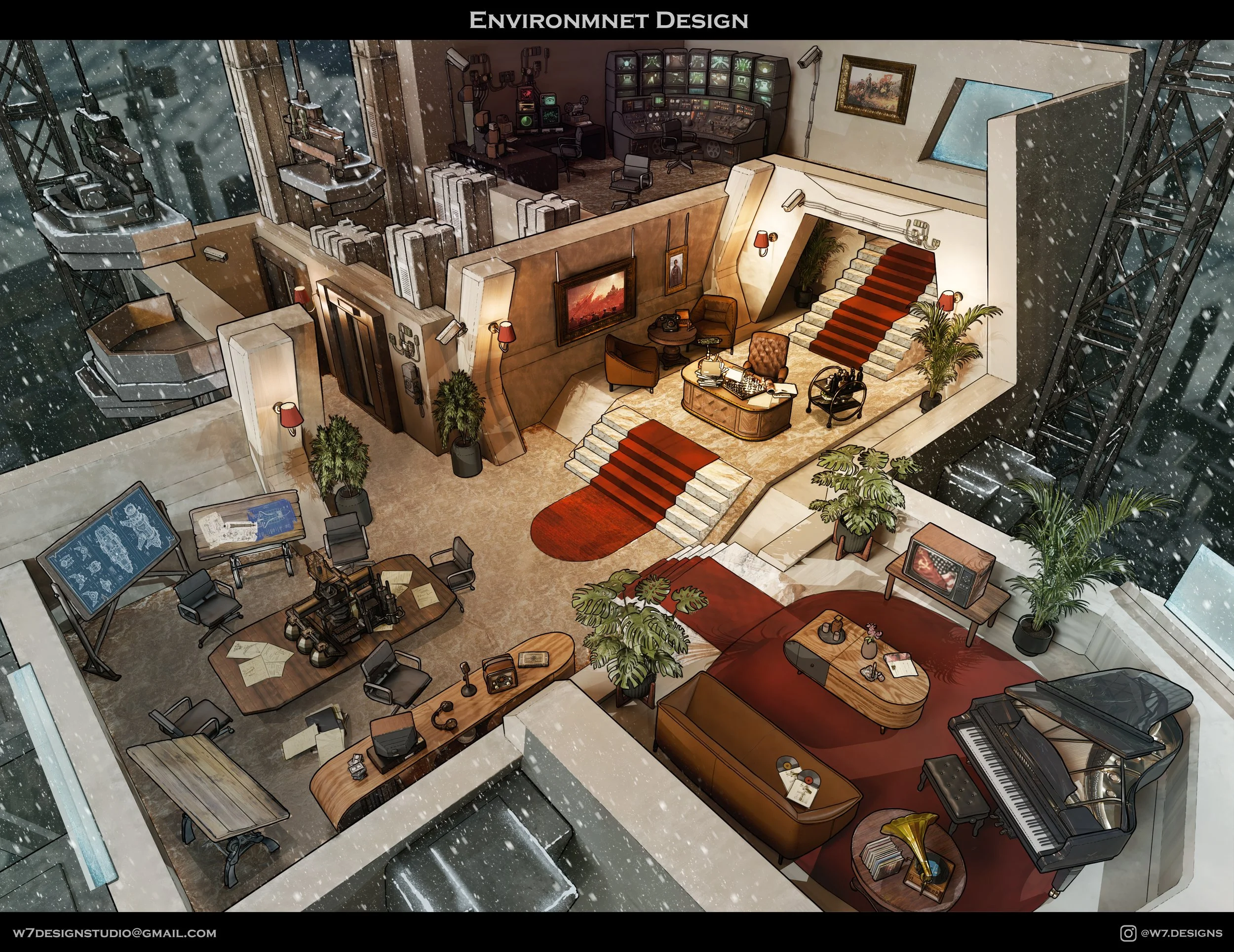 Illustration of a multi-room media and music studio with various equipment, seating areas, a grand piano, and stairs, surrounded by snowy cityscape outside windows.