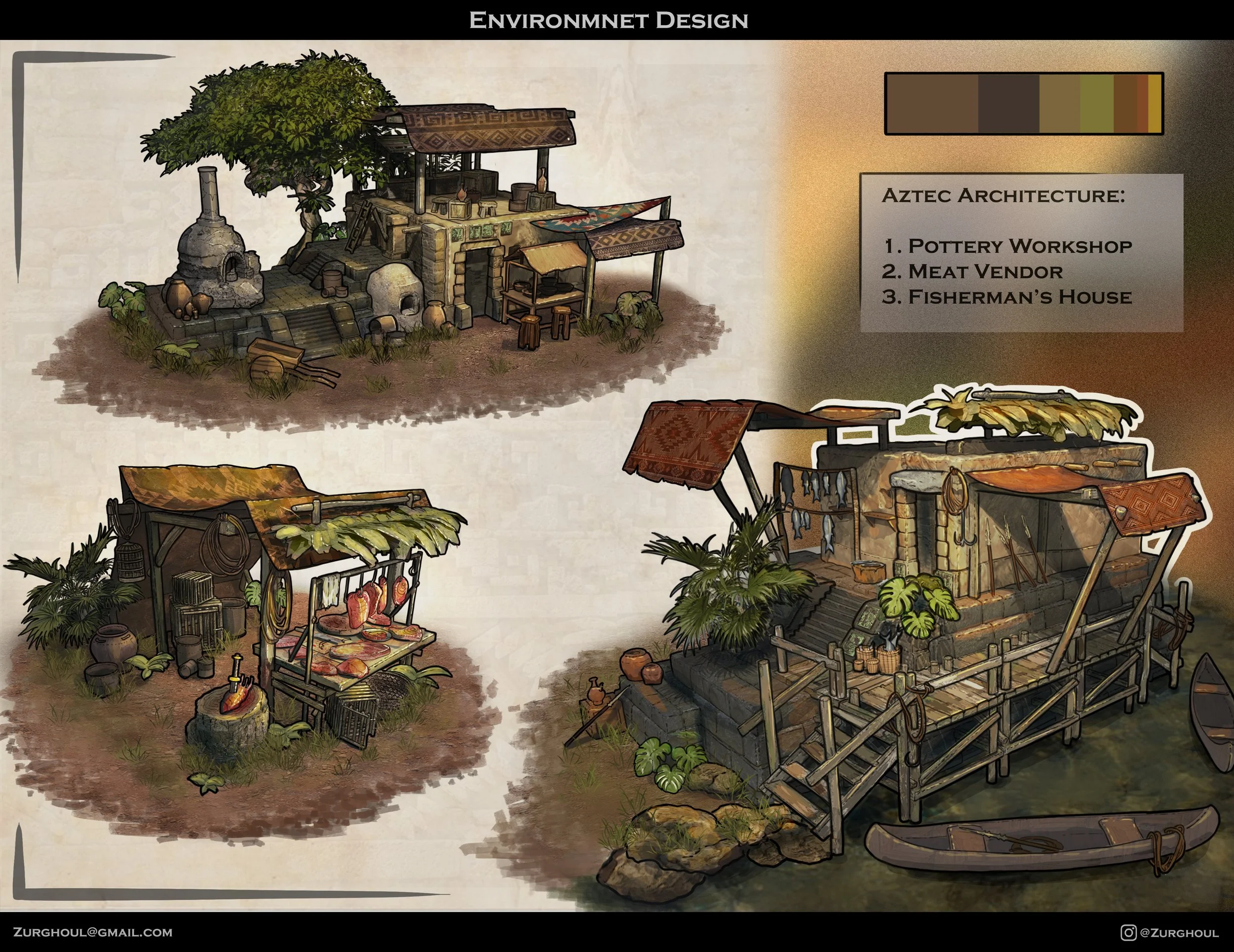 Illustration of Aztec architecture style showing three structures: a pottery workshop with a thatched roof and pottery items, a meat vendor stall with hanging meats and utensils, and a fisherman's house with a porch, fishing equipment, and boats dock