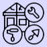Icons of a wrench, painter's palette, paintbrush, and screwdriver, representing tools or craftsmanship.