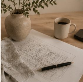A desk with a potted plant, a cup of coffee, a blueprint, a pen, and a black smartphone.