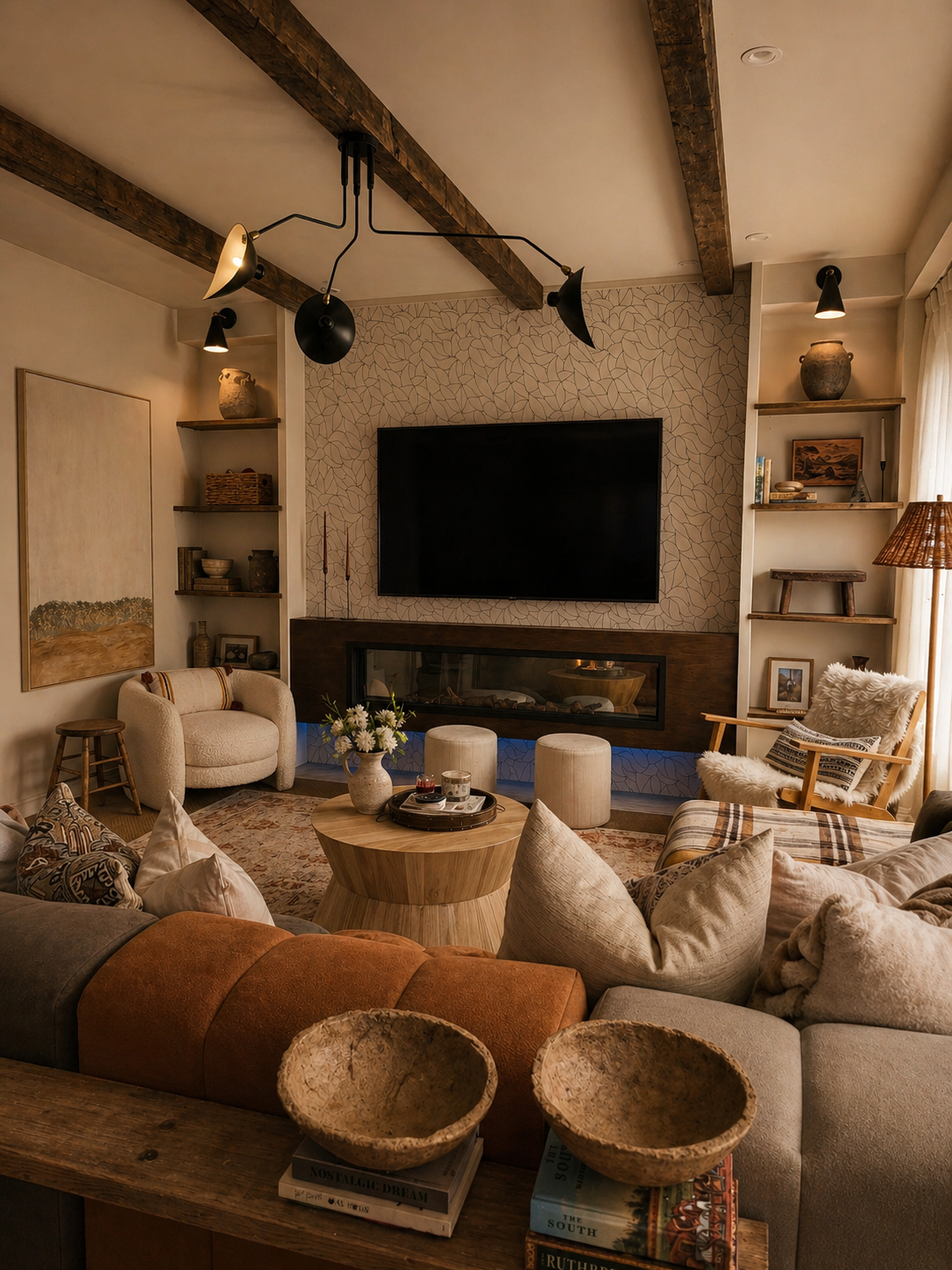 Living room with a mounted TV above a modern fireplace, surrounded by cozy chairs, a coffee table with flowers, books, and decorative bowls, and exposed wooden beams on the ceiling.