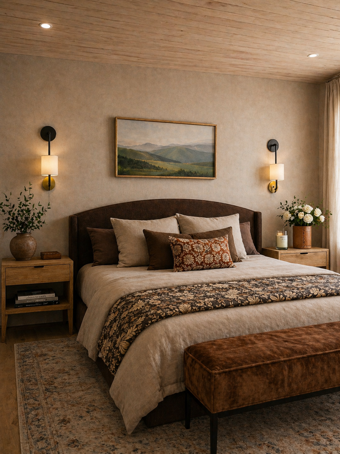 A cozy bedroom with a large bed that has an upholstered headboard, multiple pillows, and a floral blanket at the foot. On each side of the bed, there are wooden nightstands with decorative vases, flowers, and a candle. Wall-mounted lamps are above each nightstand, and a framed landscape painting hangs on the wall behind the bed. The room has a wooden ceiling, cream-colored walls, and a carpeted floor.