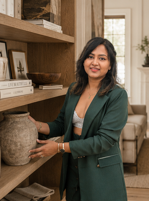A woman in a green blazer and lace top standing by a wooden bookshelf, holding a large ceramic vase, with a living room in the background.