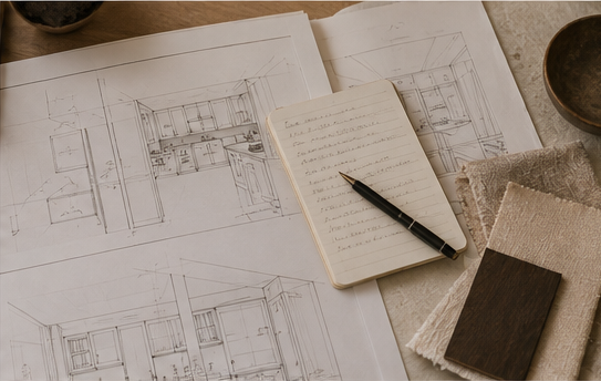 Sketches of kitchen designs, open notebook with handwritten notes and a pen, fabric samples, a small dark wood piece, and bowls on a workspace.