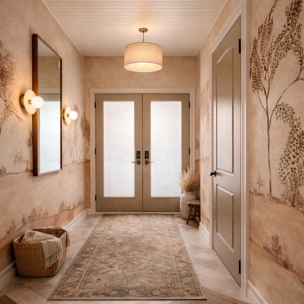 Custom entrance hallway with nature-themed murals, a large hanging drum lamp designed by Saiva Homes Ontario