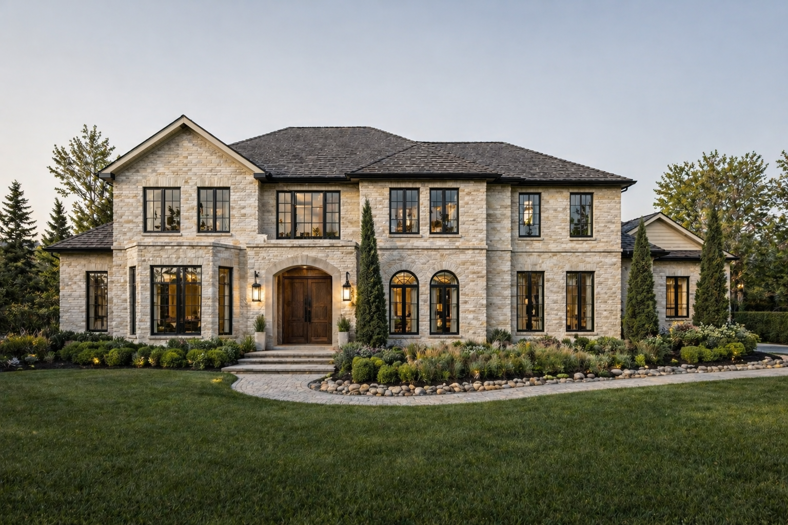 Custom home exterior renovated by Saiva Homes Ontario with stone facade and black window frames