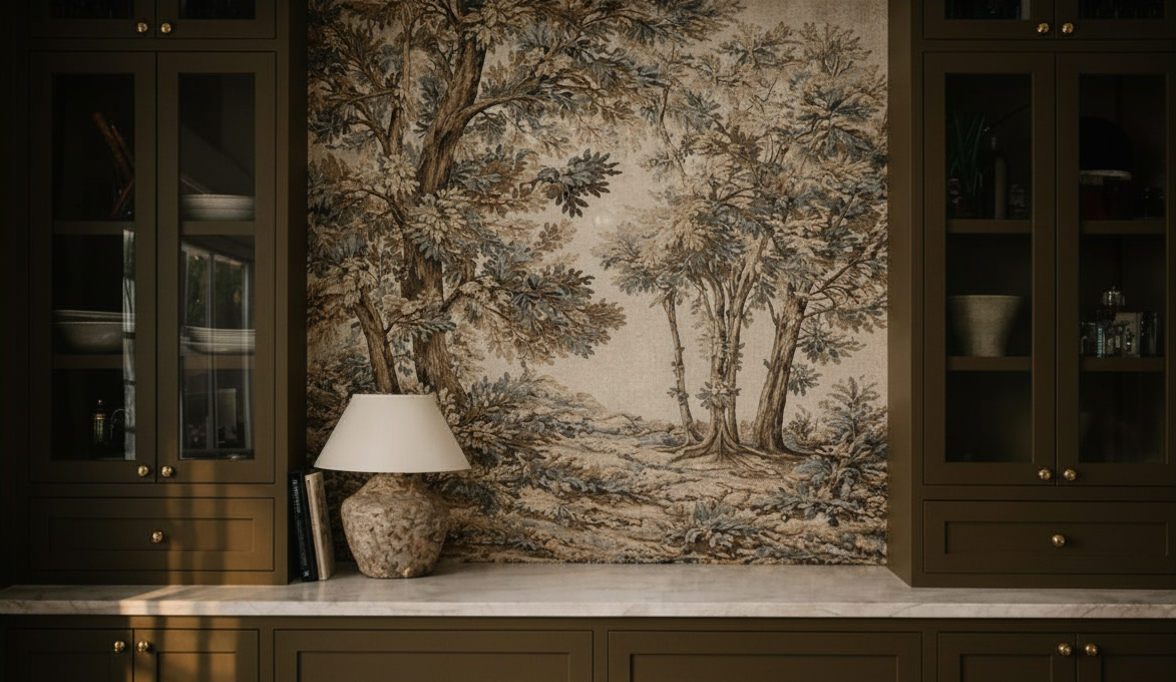 Decorative shelf with a landscape tapestry featuring trees, a lamp on a stone base, and glass-front cabinets with dishware.