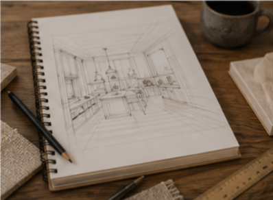 Sketch of a modern kitchen on a spiral-bound notebook, surrounded by a pen, ruler, and coffee cup on a wooden table.