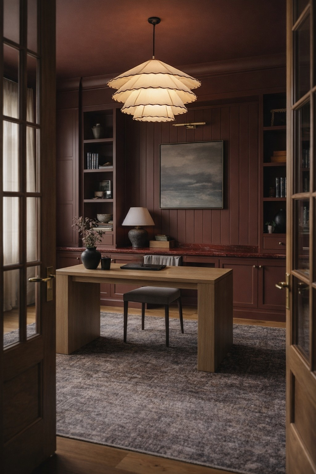 Custom home office design by Saiva Homes Ontario with dark wood paneling and statement ceiling lamp