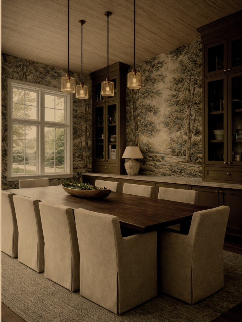 Dining room design by Saiva Homes Ontario, Canada featuring wall mural, toile curtains and custom oak table