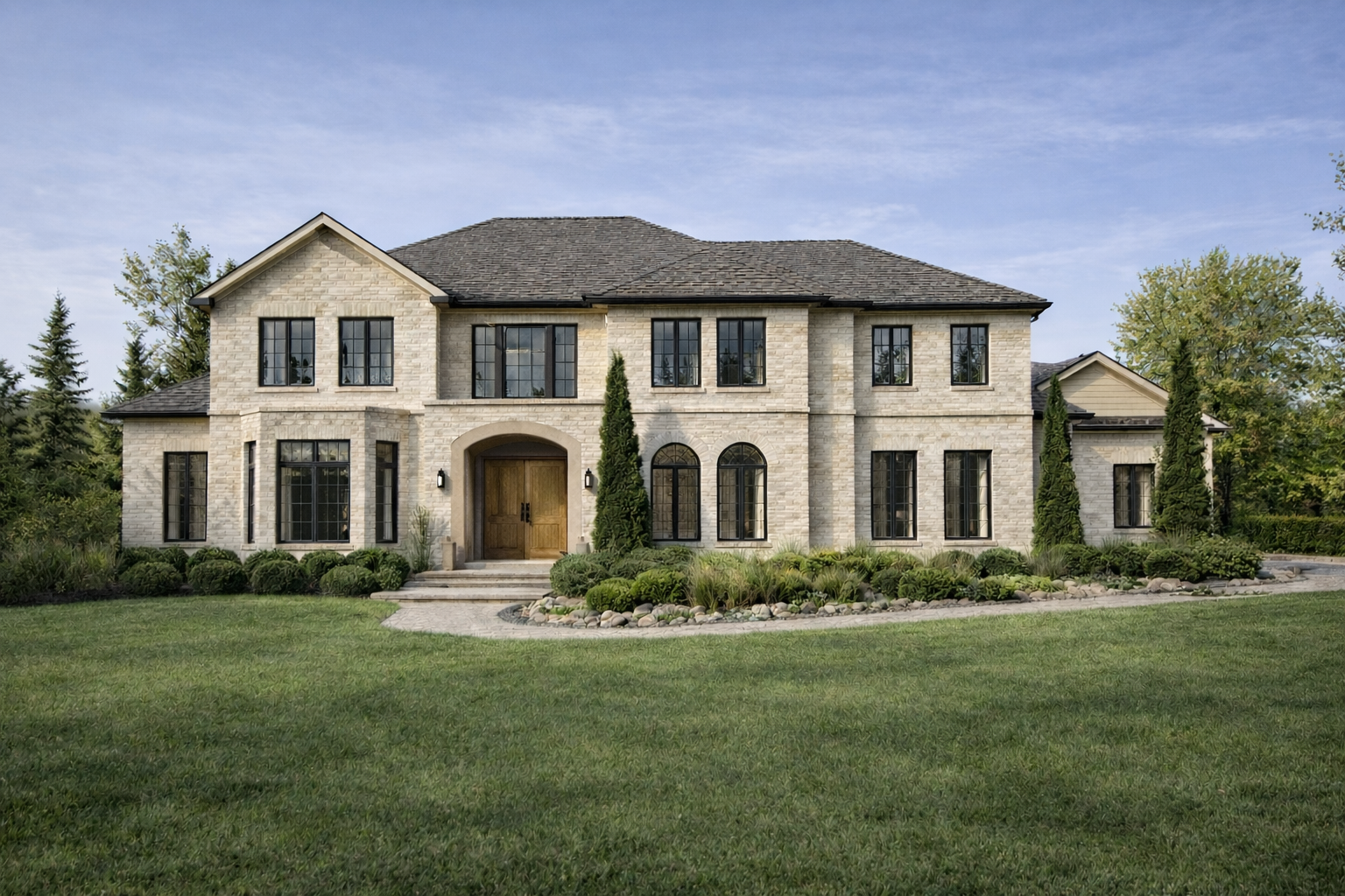 A large two-story house with light-colored brick exterior, black-framed windows, wooden front door under an archway, and well-maintained lawn and landscaping.